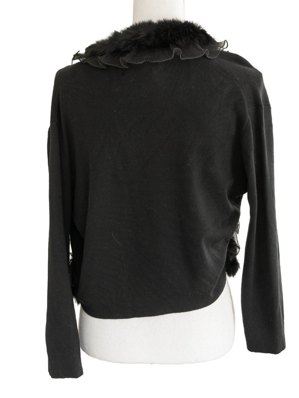 Vintage Y2k Cardigan Black Silk Blend Ruffle Fur Detail Cropped Half Sleeve Knit - Picture 5 of 9